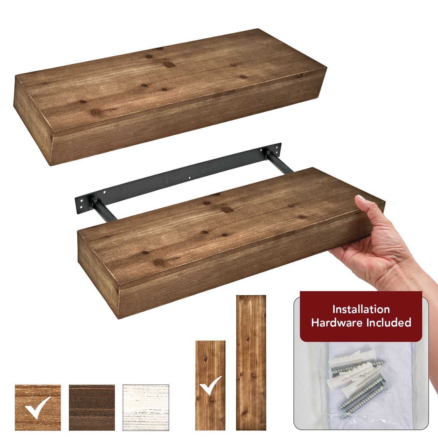 Rustic wood floating shelf with installed black mounting bracket