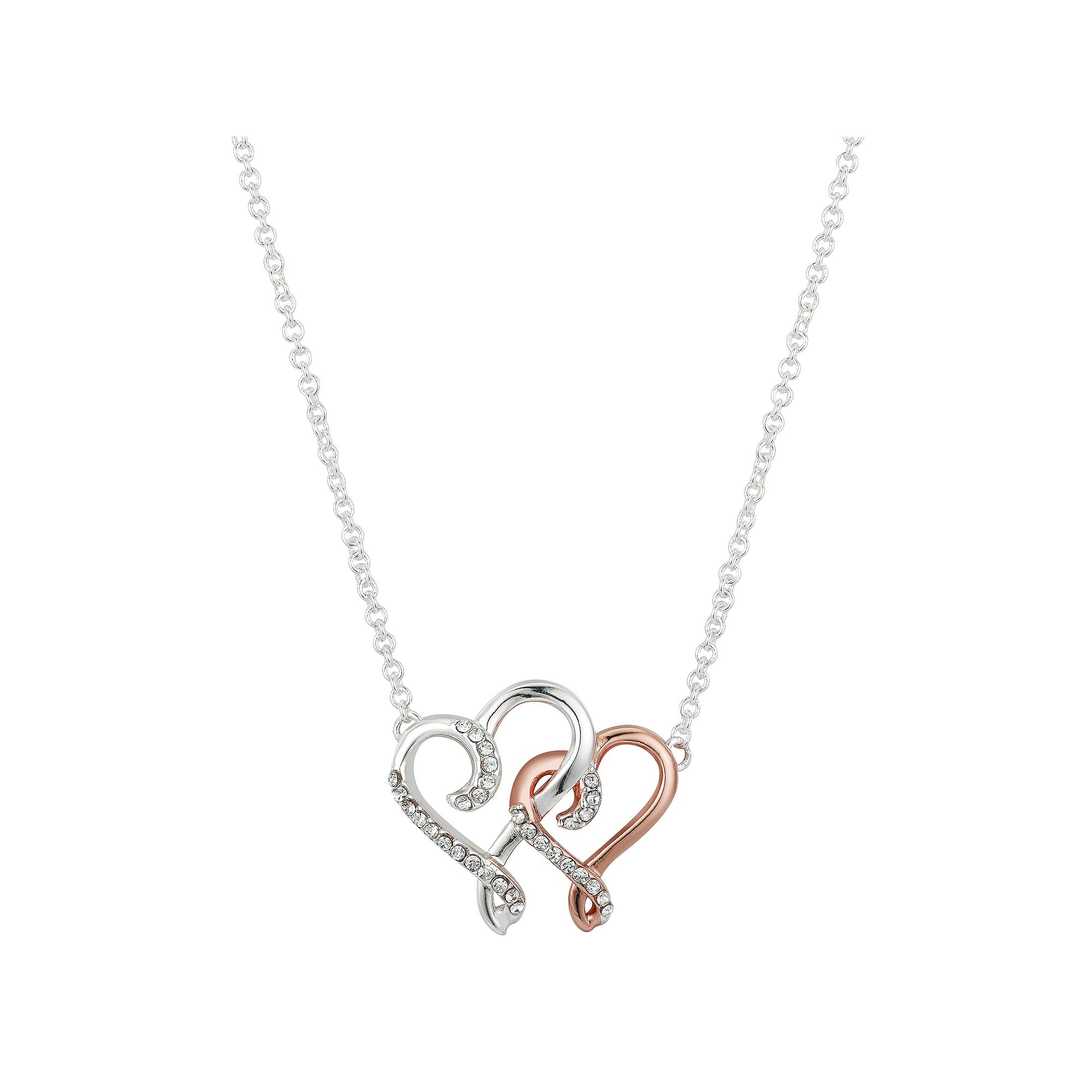 Brilliance Two-Tone Double Heart Necklace with Crystal Accents, Womens, S