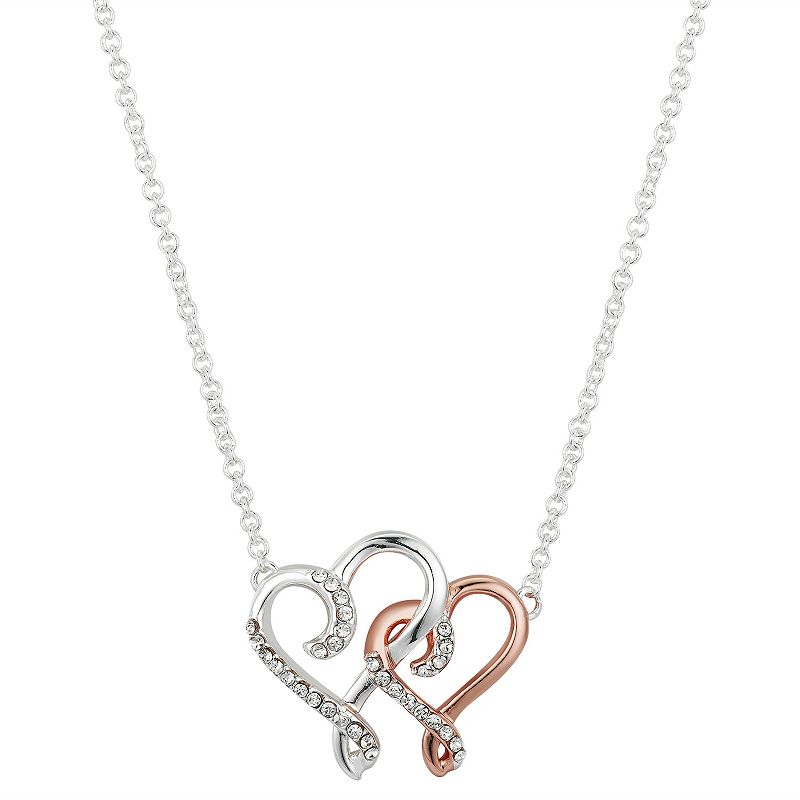 Brilliance Two-Tone Double Heart Necklace with Crystal Accents, Womens, S