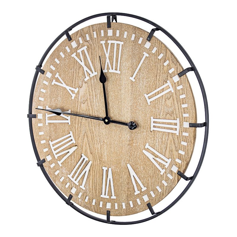 E2 24 Rustic Whitewashed Wood and Metal Oversized Wall Clock, Brown