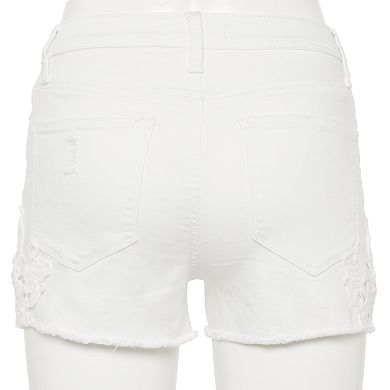 Juniors' SO® High Rise Crochet Side Distressed Denim Shorts