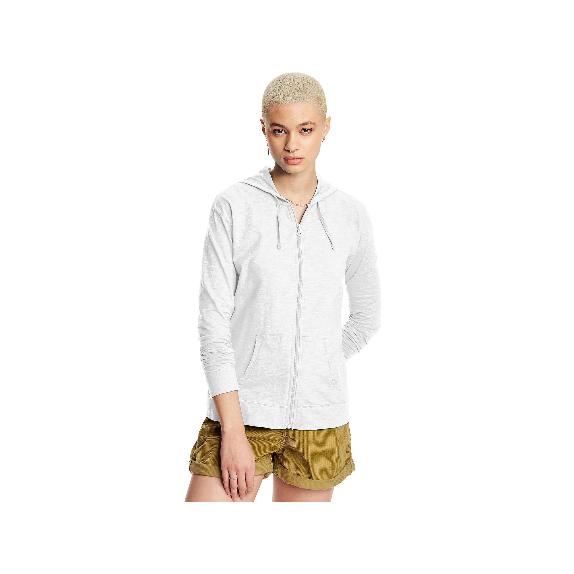 Womens Hanes® Slub Jersey Full Zip Hooded Sweatshirt, Size: Small, White
