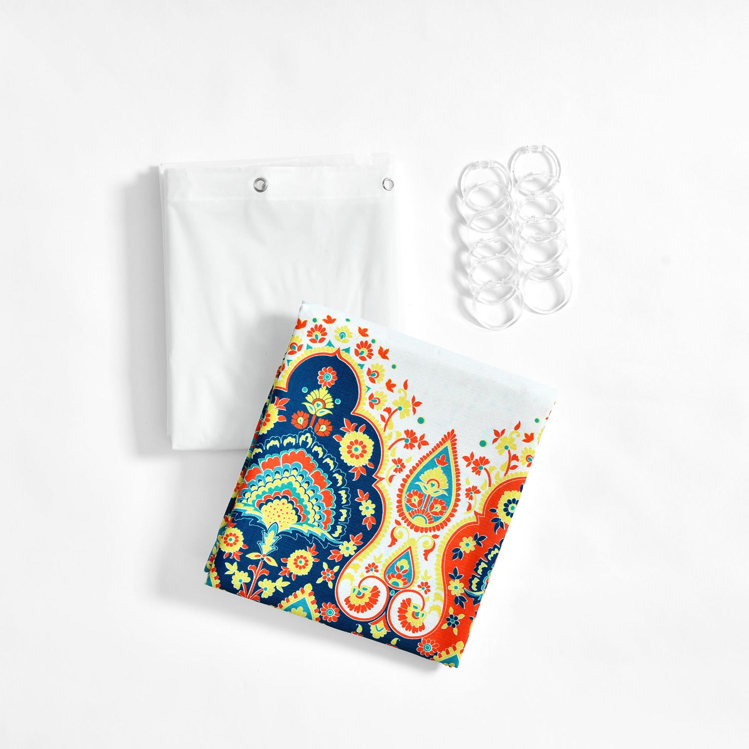 Lush Decor Duschvorhang-Set ‚Bohemian Meadow‘ – 14-teilig, PEVA-Futter, 182x182 Cm, Orange & Türkis