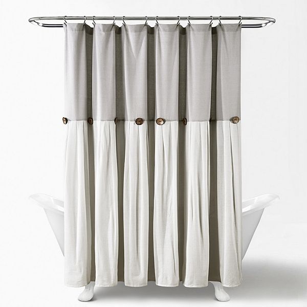 72&#34;x84&#34; Linen Button Shower Curtain Gray/White - Lush D&#233;cor: Cotton Blend, Machine Washable, Plain Weave