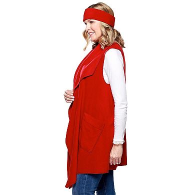 Women's Le Moda Solid Knit Fleece Vest with Matching Headband