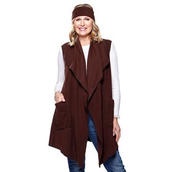 Women's Le Moda Solid Knit Fleece Vest with Matching Headband