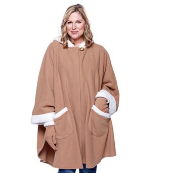 Women's Le Moda Hooded Knit Fleece Wrap with Cream Sherpa Trim & Matching Gloves