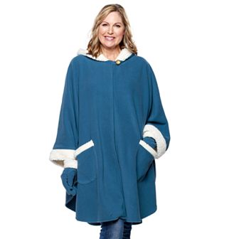 Women's Le Moda Hooded Knit Fleece Wrap with Cream Sherpa Trim & Matching Gloves