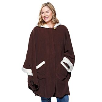 Women's Le Moda Hooded Knit Fleece Wrap with Cream Sherpa Trim & Matching Gloves