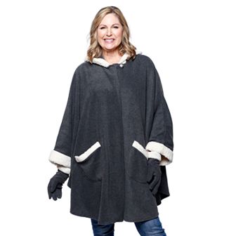 Women's Le Moda Hooded Knit Fleece Wrap with Cream Sherpa Trim & Matching Gloves