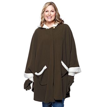 Women's Le Moda Hooded Knit Fleece Wrap with Cream Sherpa Trim & Matching Gloves