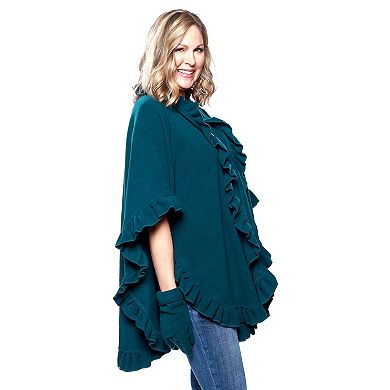 Women's Le Moda Ruffled Knit Fleece Wrap with Matching Gloves