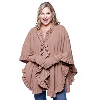Women's Le Moda Ruffled Knit Fleece Wrap with Matching Gloves