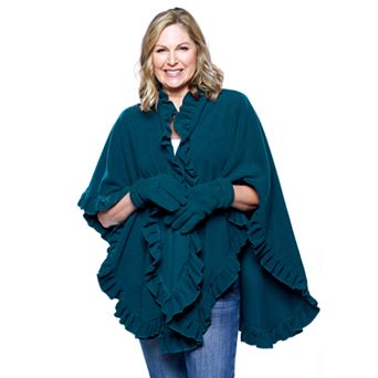 Women's Le Moda Ruffled Knit Fleece Wrap with Matching Gloves