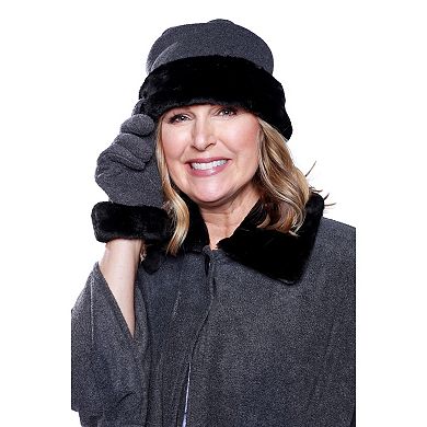 Women's Le Moda Faux Fur Trim Polar Fleece Wrap with Matching Gloves & Hat