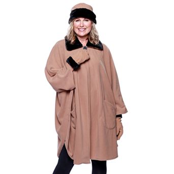 Women's Le Moda Faux Fur Trim Polar Fleece Wrap with Matching Gloves & Hat