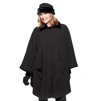 Women's Le Moda Faux Fur Trim Polar Fleece Wrap with Matching Gloves & Hat