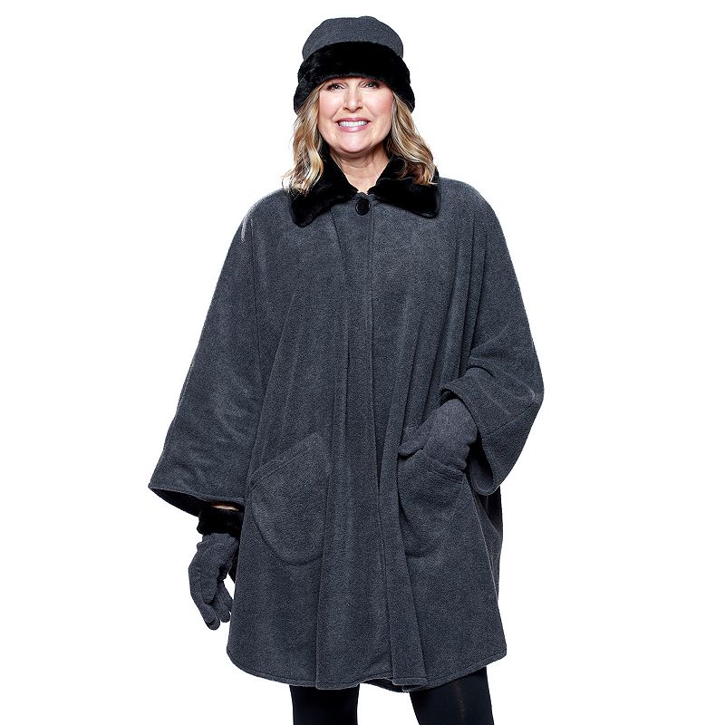 Women's Le Moda Faux Fur Trim Polar Fleece Wrap with Matching Gloves & Hat, Grey