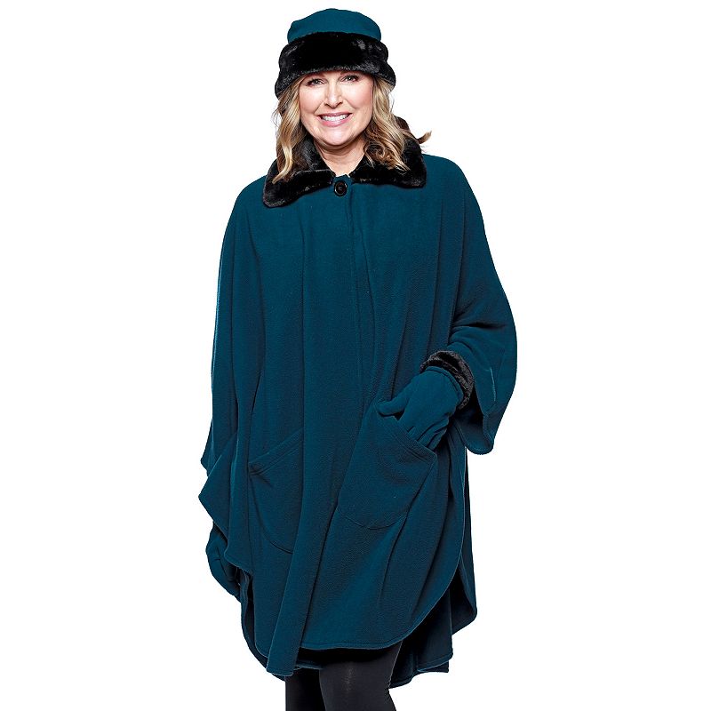 Women's Le Moda Faux Fur Trim Polar Fleece Wrap with Matching Gloves & Hat, Green