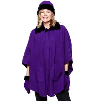 Women's Le Moda Faux Fur Trim Polar Fleece Wrap with Matching Gloves & Hat