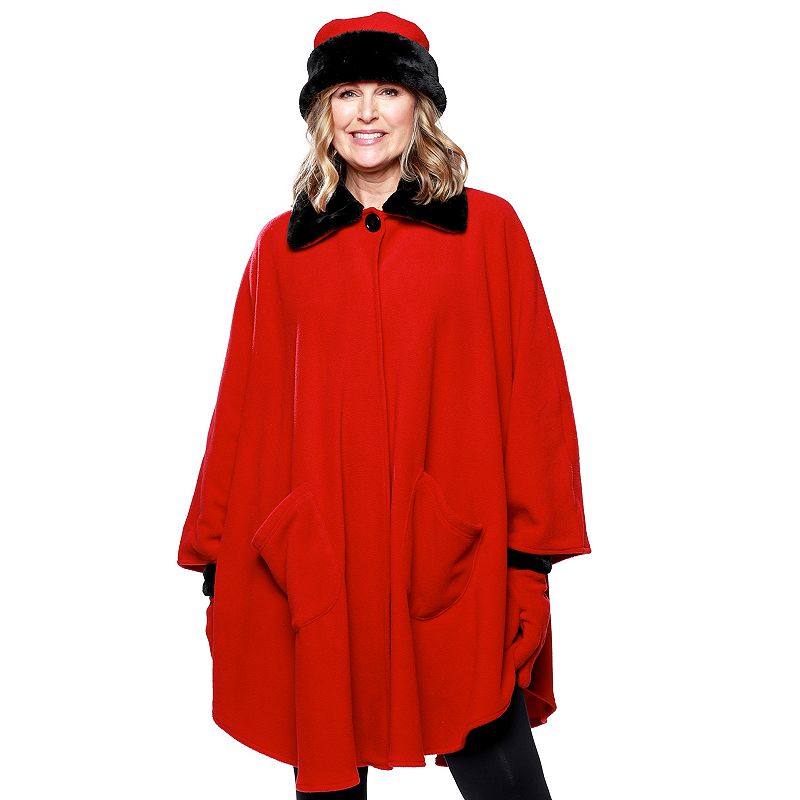 Women's Le Moda Faux Fur Trim Polar Fleece Wrap with Matching Gloves & Hat, Red