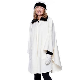Women's Le Moda Faux Fur Trim Polar Fleece Wrap with Matching Gloves & Hat