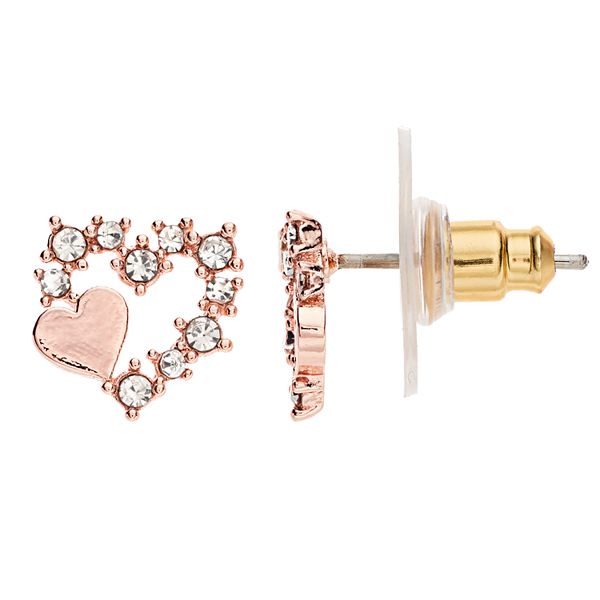 LC Lauren Conrad Simulated Crystal Heart Nickel Free Button Earrings - Rose Gold Tone