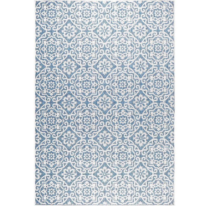 Nicole Miller New York Patio Country Danica Transitional Geometric Indoor/Outdoor Runner Area Rug  Blue/Grey  1 9 x7 2