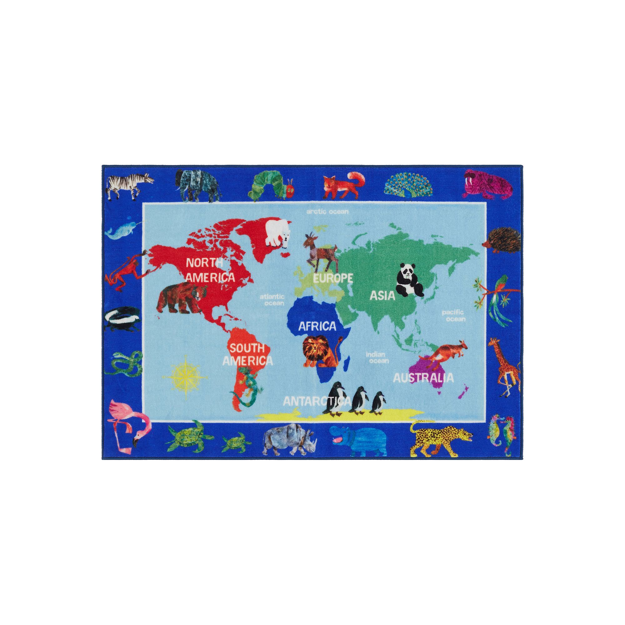 Eric Carle Elementary World Map Kids Area Rug, Blue Red