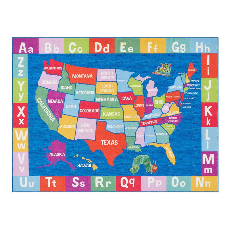 Eric Carle Elementary USA Map Kids Area Rug, Blue, 6.5X9.5 Ft
