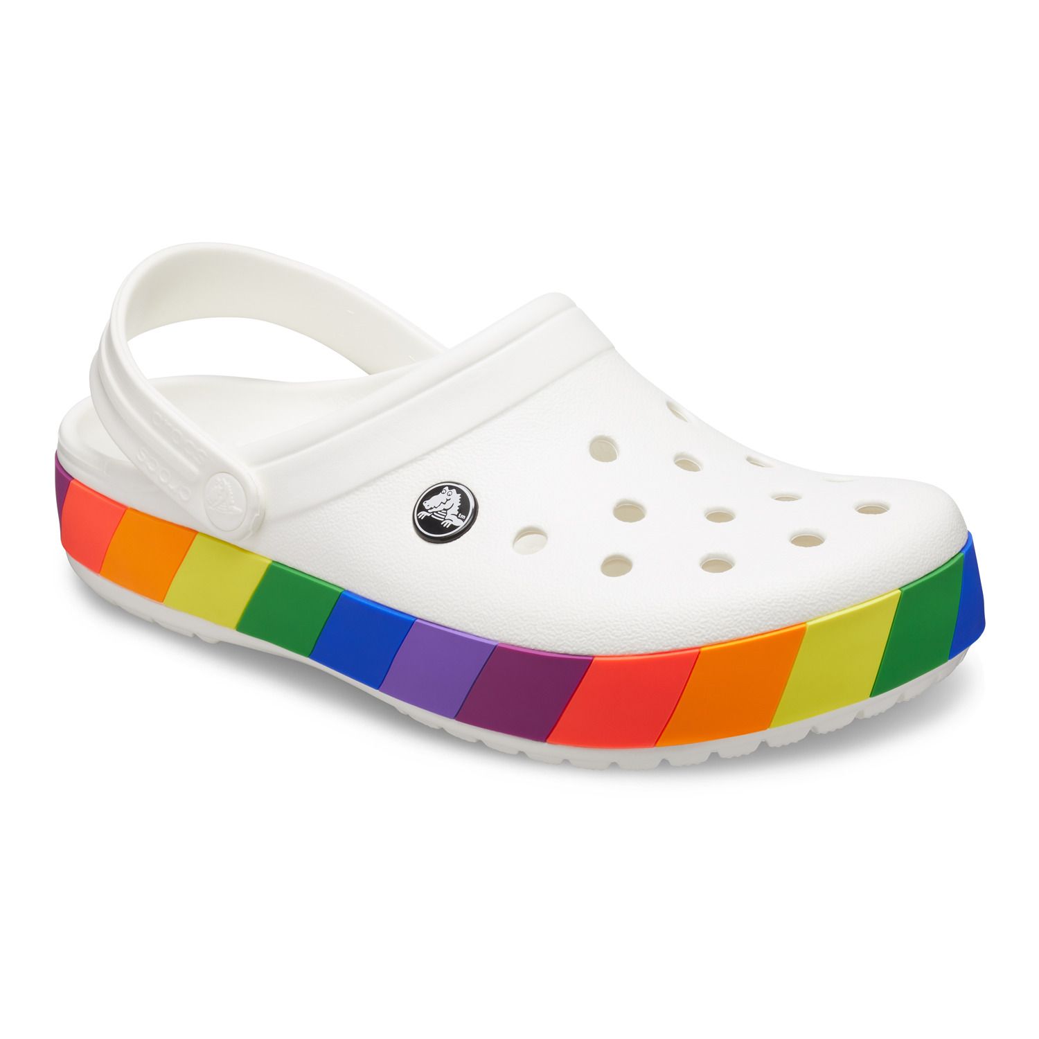 white crocs with rainbow words