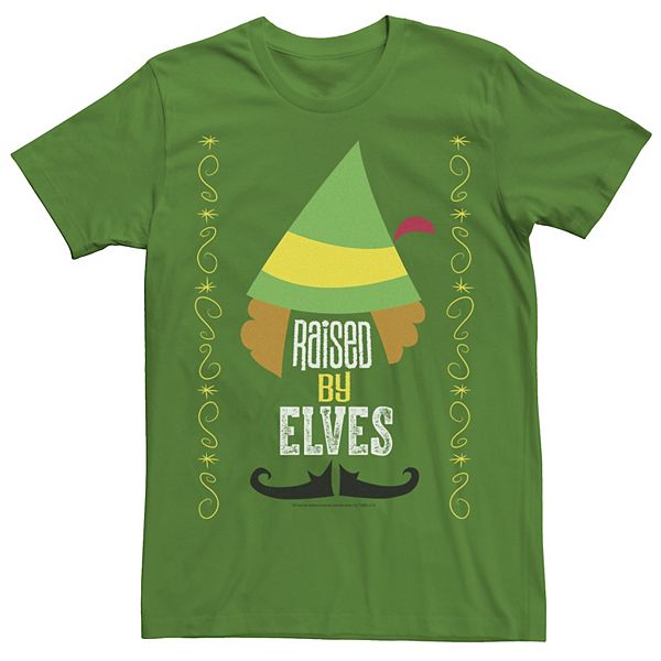 Men's Elf Raised By Elves Elf Hat Text Graphic Tee