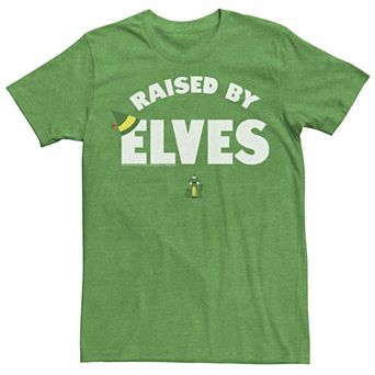 Men's Elf Raised By Elves Text Poster Graphic Tee