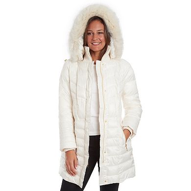 Women's Fleet Street Long Faux Down Coat with Detachable Faux Fur Trimmed Hood