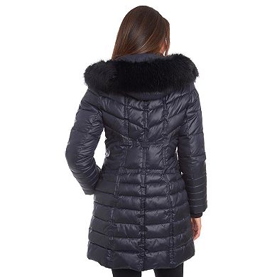 Women's Fleet Street Long Faux Down Coat with Detachable Faux Fur Trimmed Hood