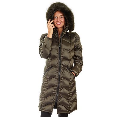 Women's Fleet Street Long Faux Down Coat with Faux Fur Trimmed Hood