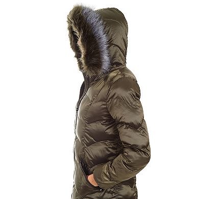 Women's Fleet Street Long Faux Down Coat with Faux Fur Trimmed Hood
