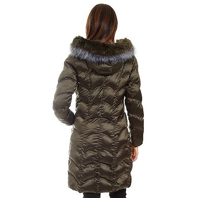 Women's Fleet Street Long Faux Down Coat with Faux Fur Trimmed Hood