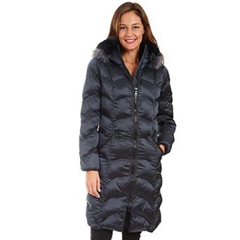 Women's Fleet Street Long Faux Down Coat with Faux Fur Trimmed Hood