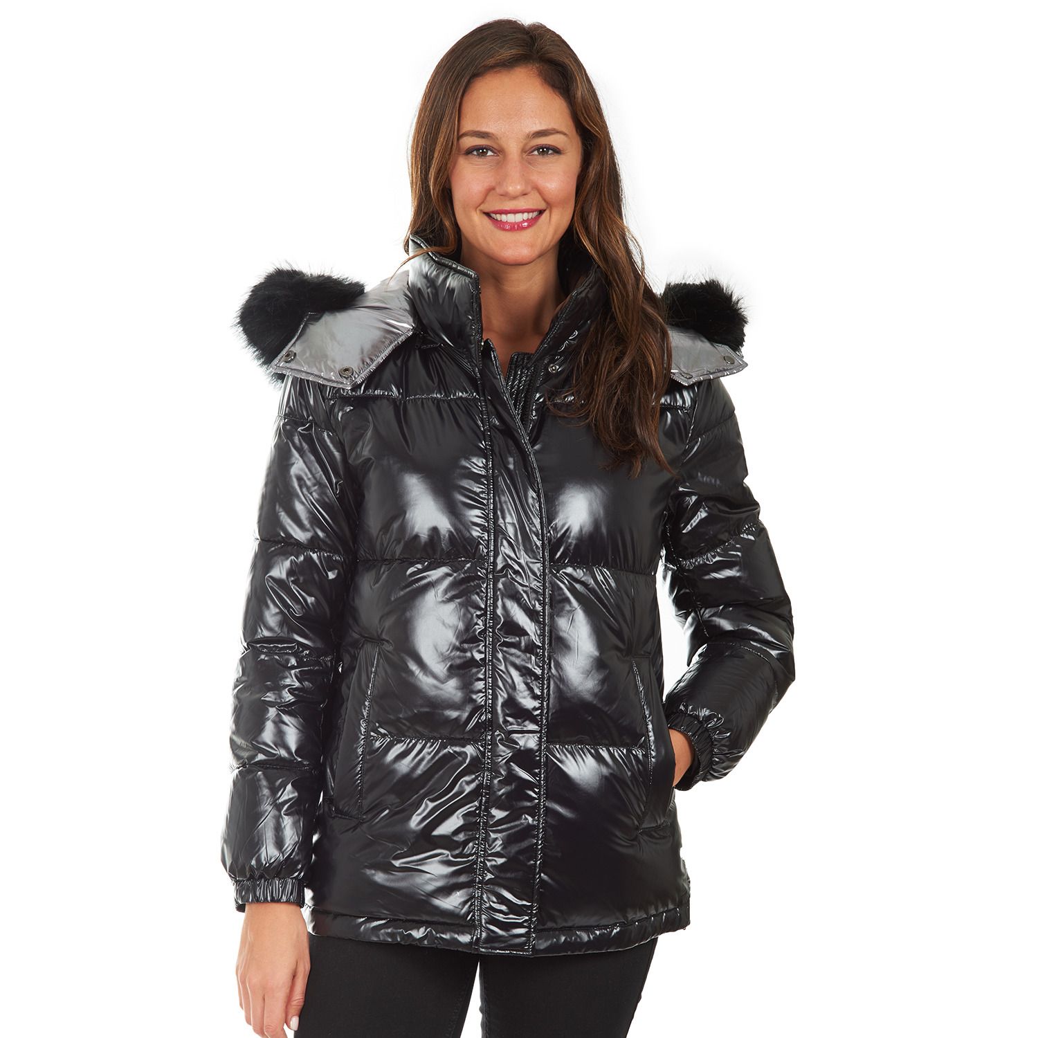 shiny womens coat with fur hood