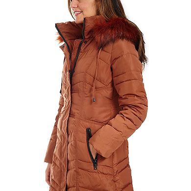 Women's Fleet Street Long Faux Down Quilted Coat with Detachable Faux Fur Trimmed Hood