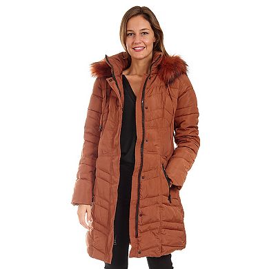 Women's Fleet Street Long Faux Down Quilted Coat with Detachable Faux Fur Trimmed Hood
