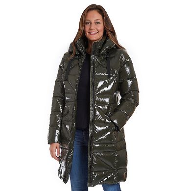 Women's Fleet Street Long Faux Down Shiny Coat with Detachable Hood