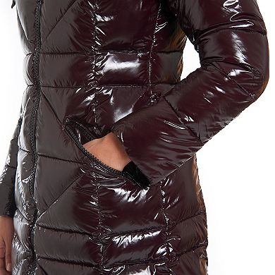 Women's Fleet Street Long Faux Down Shiny Coat with Detachable Hood