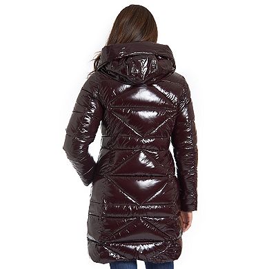 Women's Fleet Street Long Faux Down Shiny Coat with Detachable Hood