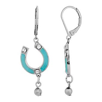 1928 Silver-Tone Turquoise Color Enamel with Crystal Accents Horsehoe Drop Earrings