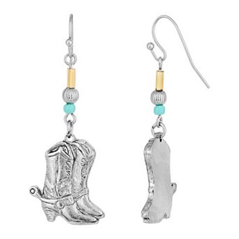 1928 Silver-Tone & Imitation Turquoise Accent Western Boots Drop Earrings