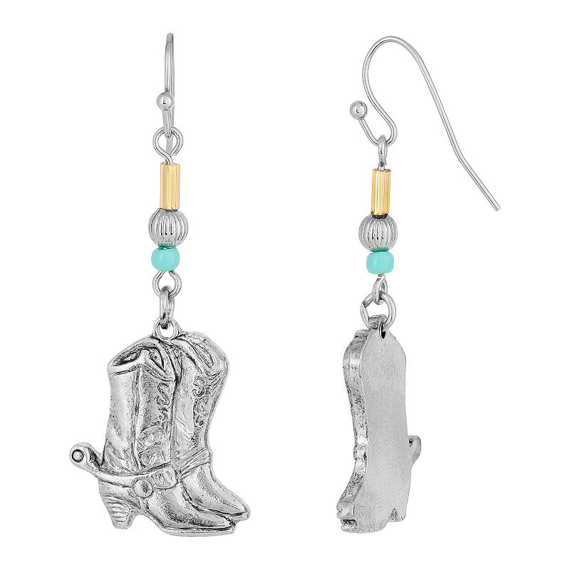 1928 Silver-Tone & Imitation Turquoise Accent Western Boots Drop Earrings, 