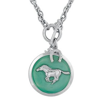 1928 Silver Tone Turquoise Color Enamel Horse Pendant Toggle Necklace