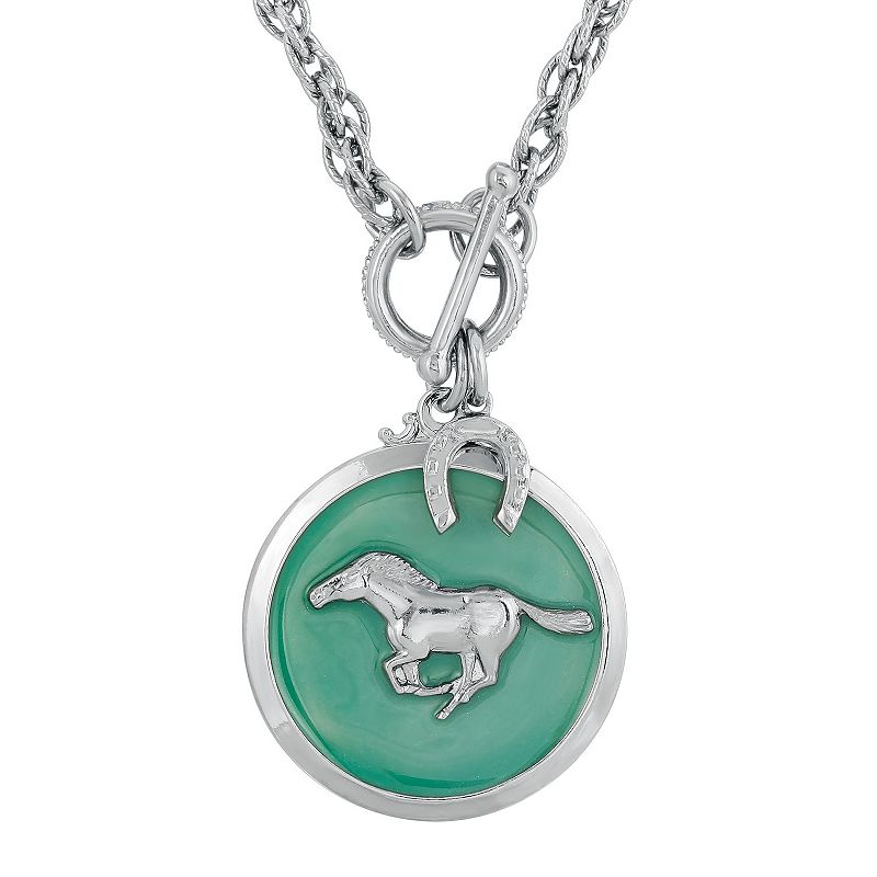 1928 Silver Tone Turquoise Color Enamel Horse Pendant Toggle Necklace, Wome